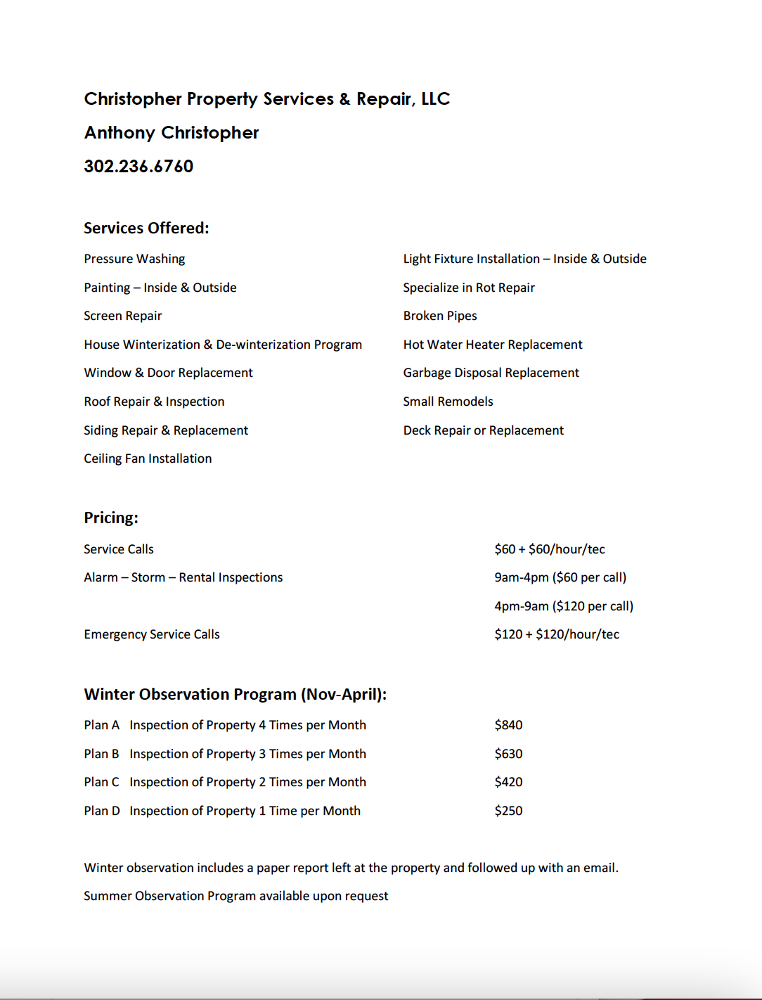 Services and pricing information